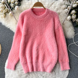 Plush Sweater Women Loose Gentle Long Sleeve Fashion O Neck Korean Top 2022 Winter Solid Streetwear Knitted
