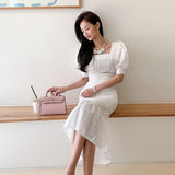 Women 2 Piece set Office OL Elegant Hollow Out Embroidery Square collar Puff Sleeve Tops+High waist Mermaid Bodycon