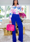 Print Professional Blouse and Plain Trousers 2pc