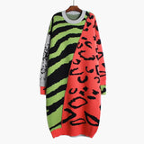 Women Leopard Big Size Long Knitting Dress New Round Neck Long Sleeve Loose Fit Fashion Tide Autumn Winter 2022