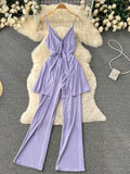 Summer Women Sexy Two Piece Set Beach Criss-Cross V-Neck Spaghetti Strap Tops + Wide Leg Pants Red/Yellow/Purple Suits