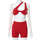 Spring Fitness Workout Women Two Piece Set Diagonal Collar Sleeveless Hollow Ribbed Top+Biker Shorts Tracksuit Sportwear