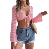 Shooting Summer Hollow Stripe With Long-Sleeved Umbilked Knitted Cardigan Sunscreen Women's