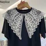 Woman Tshirts Lace Hollow Out Crochet Turn Down Collar Patchwork Short-sleeved Shirt Summer Casual Tops Clothing