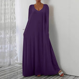 New Long Dress Casual Loose Short Sleeve Pure Color V Collar Body Size