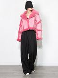 Colorblock Lapel Lambswool Jacket For Women Long Sleeve Women's Casual Short Coat Female Fashion Clothing Winter