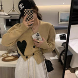 2022 Autumn Winter Women V-Neck Knit Cardigan Heart Patch Ladies Long Sleeve Single-Breasted Sweater Outwear Female Knitwear
