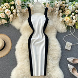 Women's Knitting Sheath Letters Tank Dress Female Bodycon Knitted Camisole Sleeveless Patchwork Mini Dresses For