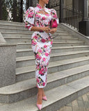 Women Puff Sleeve Floral Print Frill Hem Cutout Tied Detail