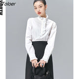 Women Shirts 2022 Spring Long Sleeves Stand Collar Blouse Solid White Casual Chic Special design