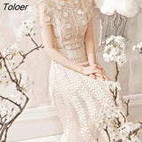 New Spring Woman Dress Beige Lace O-neck Casual High Waist Mesh Maxi Dresses Female Vestido Runway Design
