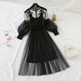 New Women Fashion Dress Stand Collar Lantern Sleeve Mesh Dress See-through Lace Embroidery Fairy Dress Femme Vestidos