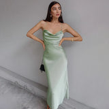 Fashion Backless Bandage Dresses Women Heap Collar Strapless Sexy Dress Sling Party Dress Satin Silk Bodycon Dress
