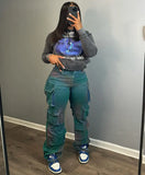 Women's Explosive Fashion Fashion Trend Multi-Pocket Tie Jeans High-Rise Straight