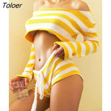 Knit Stripe Crop Top Shorts Suits Women Long Sleeves Top Drawstring Shorts 2 Two Piece Set Sweater 2023 Beach