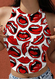 O-Neck Lip Print Short Crop Tank