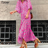 Retro Ethnic Print Dress New Spring Summer Half-sleeve Casual Dress Ladies Sexy V-neck Stitching Pleated Drape Maxi