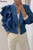 Fall 2023 Women Clothing Cropped Denim Jacket Vintage Turn-down Collar Puff Sleeve Ruffles Crop Tops Korean Jean