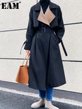 Women Black Color-block Big Size Long Trench New Lapel Long Sleeve Windbreaker Fashion Tide Spring Autumn 2023