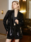 Women Black Sequins Shining Big Size Blazer New Lapel Long Sleeve Loose Fit Jacket Fashion Spring Autumn 2023