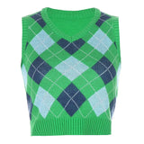 Argyle Y2K Sweat Crop Top Vest Sweater Autumn Sleeveless Plaid Tank Sweaters Preppy Style Fashion Knitted Jumper