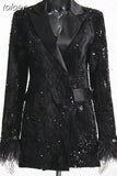 Solid Patchwork Feather Blazer For Women Notched Long Sleeve Sequins Temperament Blazer Female Autumn Fashion 2023