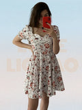 party White Print Square Neck Puff Sleeve Pleated Hem Dress Summer Backless A-line Casual Dress Women Short Dress Floral