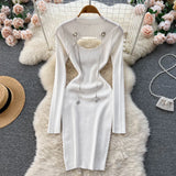Hollow Out Sexy Sweater Dress Temperamant Fashion Chain Long Sleeve Slim Ladies Autumn Korean Elastic Knitted