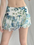 Babes Wind Screen Printing Irregular Lace Low-Rise Mini Skirt Holiday Thin Thin Short