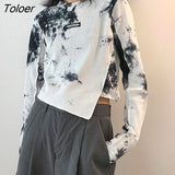 Tie-dye Long Sleeve T-shirts Women Slim Asymmetrical Designs High Street Vintage Crop Tops Cozy Korean Style