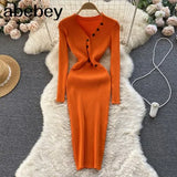 Hollow Out Women Korean Knitted Dress Long Sleeve Elastic Slim Pencil Dresses 2022 Autumn Sexy Bodycon Sweater