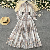 Style Dress Women's Spring Court Collar Lantern Sleeves To Close The Waist Single Buckle Printing Folded Long