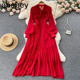 Beach Red Maxi Dress Women Elegant Hollow Out Korean Holiday Split Dress Female Casual Long Sleeve Fairy Party
