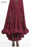 Temperament Dresses For Women Stand Collar Cloak Sleeve High Waist Ruffles Irregular Hem Dress Female Fashion