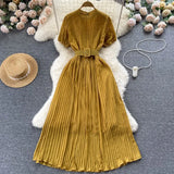French Pleated Women Dress V Neck Short Sleeve Waist Sheath Dress Female Retro Belt Streetwear Fashion Long