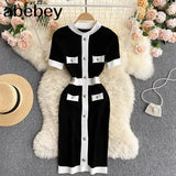 Women Knitted Dress Korean O Neck Short Sleeve Elastic Pencil Dress Summer Sexy Slim Streetwear Short