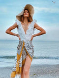 2022 Summer Women Sexy Fashion Ruffled Fitted White Bodysuits Vintage Deep V Neck Sleeveless Female Playsuits