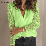 Patchwork Lace Sleeve Women Blouse Vintage V Neck Loose Female Shirts White Long Sleeve Blouses Tops Women Clothes