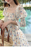 Vintage Elegant Floral Princess Summer Casual Maxi Long Dresses Women Fashion Slash Print Cute A