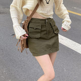 Vintage Y2k Green Cargo Skirt Women Retro Streetwear 90s Pocket Patchwork High Waist A-line Denim Mini Skirt