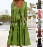 Dress Women 2023 Spring Drawstring Irregular Long Sleeve Spring Lace Up Long Dresses V-neck Boho Streetwear