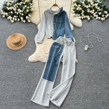 Kong Flavor Casual Suit Female Fashion Design Stitching Fake Two Hooded Jacket High-Waisted Cowboy Splicing Wide Leg