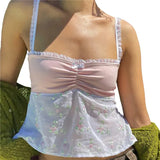 Grunge y2k Tops Women Floral Lace Patchwork Spaghetti Strap Sleeveless Tanks Sweet Kawaii Clothes 2000s