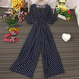 Jumpsuit Women Casual Elegant Polka Dot Puff Sleeve High Waist Chiffon Wide Leg Playsuit Female Rompers