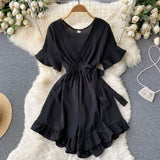 2022 Summer New Korean Rompers Women Flared Sleeve Solid Ruffle Wide Leg Short Jumpsuits Casual Vacation Beach