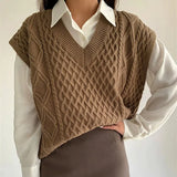 V Neck Women Sweater Vest Pullover Designed Twisted Casual Fall Loose Female Waistcoat Sleeveless Fashion