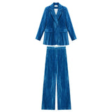 Wide Leg Pants Two Piece Suit New Notched Collar Long Sleeve Blue Loose Fit Women Fashion Tide Spring Autumn 2023