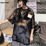 Summer Sexy Mesh T Shirts Women Lace See Through Oversize Mesh Tops Semitransparent Gothic E Girl T-shirt Streetwear