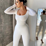 2022 Women's Clothing New Leisure Solid Color Low Cut Long Sleeve Slim Fit Jumpsuit High Waist Tight Trousers