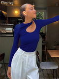Sexy Blue Knit Women T-Shirts Bodycon O-Neck Long Sleeve T Shirt Streetwear Fashion Slim Hollow Out Tops Female